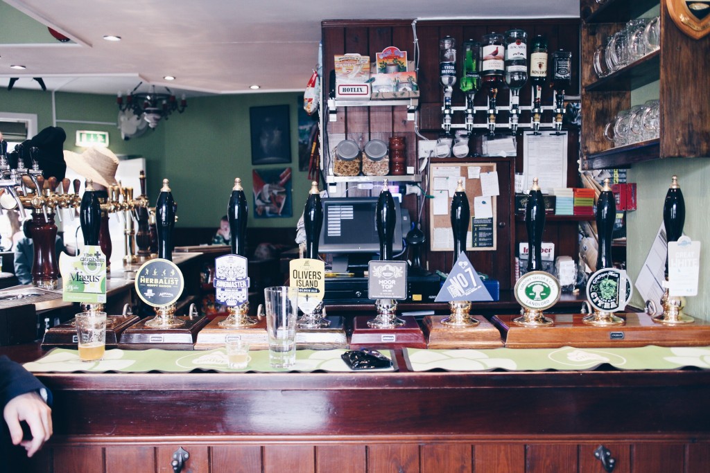 A row of cask-pulled ales at The Grove in Huddersfield.